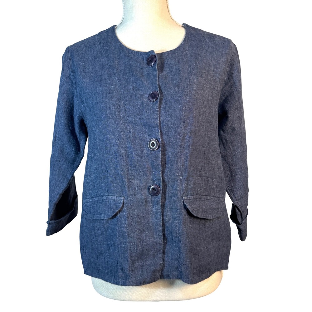 FLAX Womens 100% Linen Petite Button Front Jacket Blue Collarless Lagenlook Coat